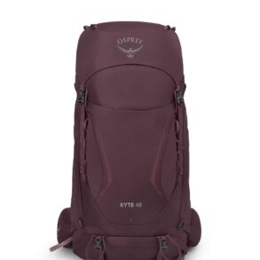 Alt текст: Тъмнолилава туристическа раница Osprey Kyte 48 за планина и пътешествия.
