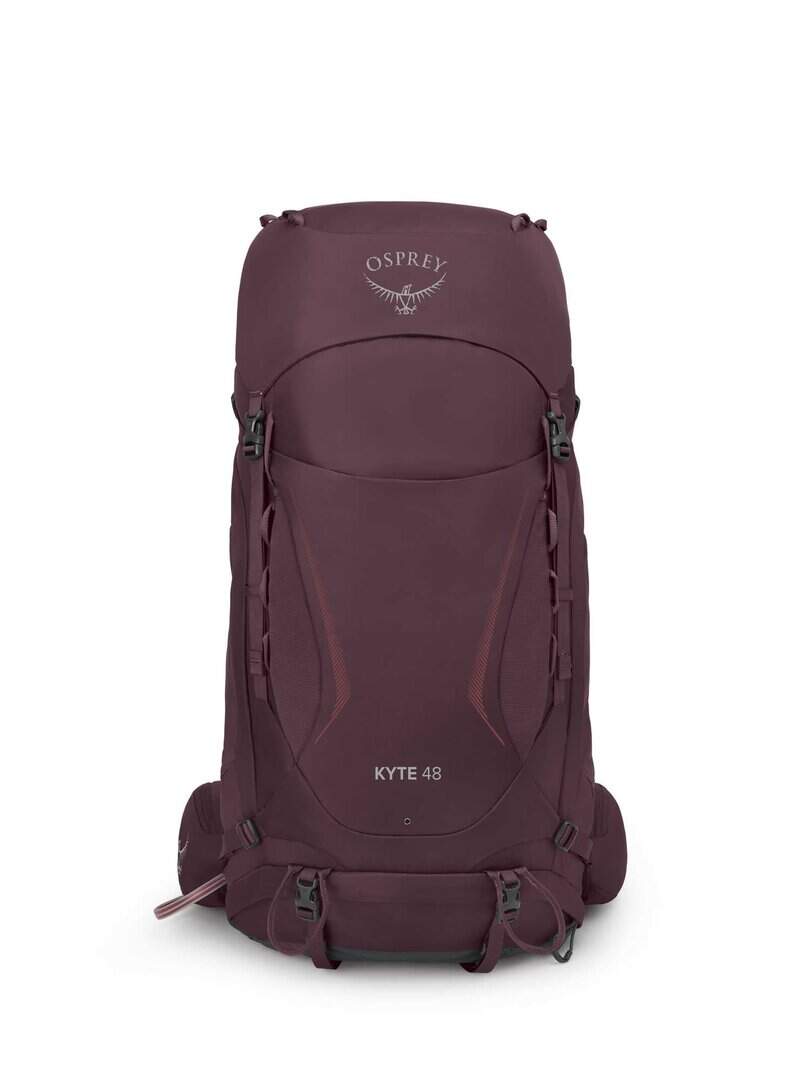 Alt текст: Тъмнолилава туристическа раница Osprey Kyte 48 за планина и пътешествия.