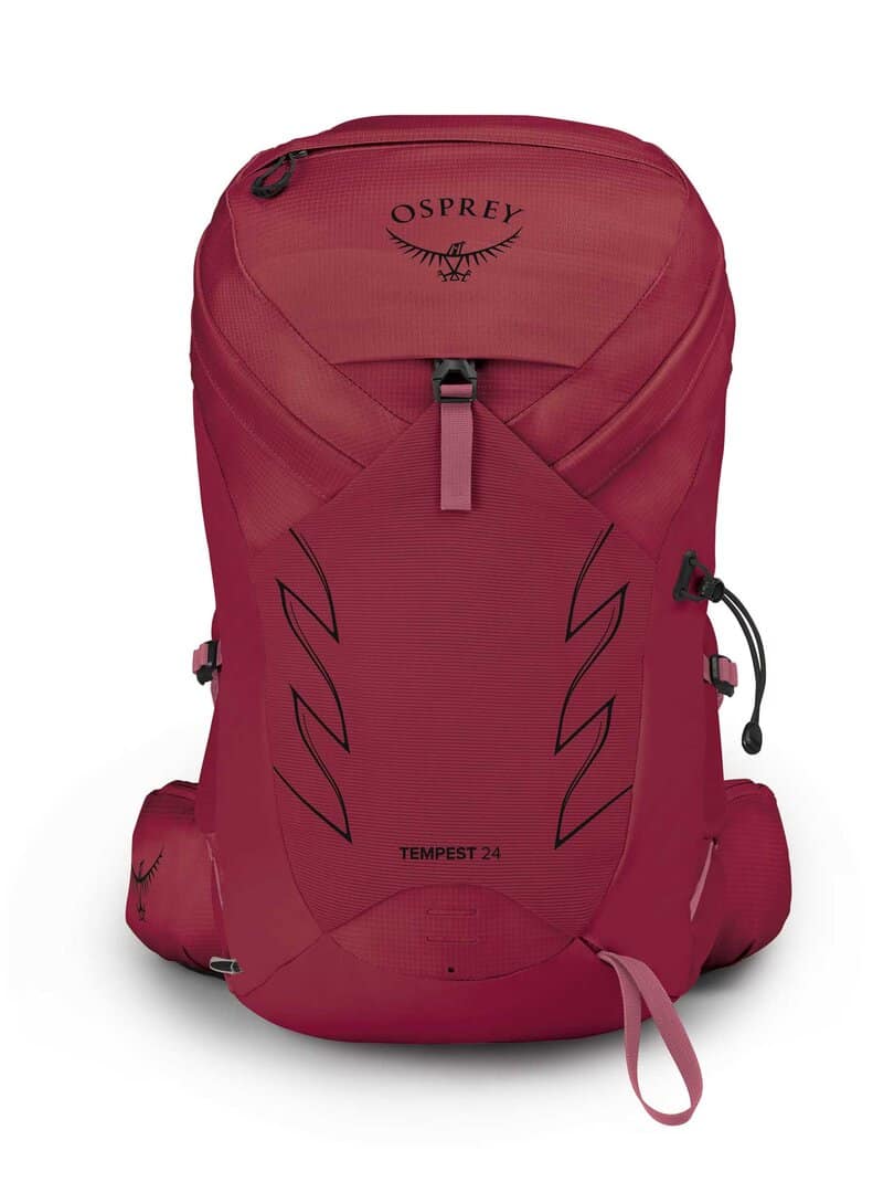 Alt: Червена туристическа раница Osprey Tempest 24 с много джобове и комфортна конструкция.