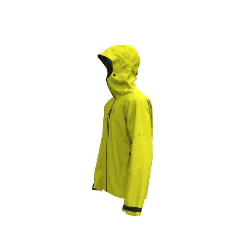 Жълто спортно яке с качулка, подходящо за активни спортове и outdoor дейности.