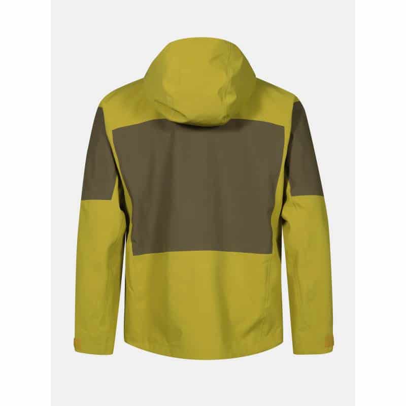 Външно яке с качулка, подходящо за спорт и outdoor дейности, в ярък жълт цвят с черни детайли.