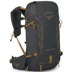 Тъмносива раница Osprey Talon Velox 20L с жълти детайли за туризъм и спорт.