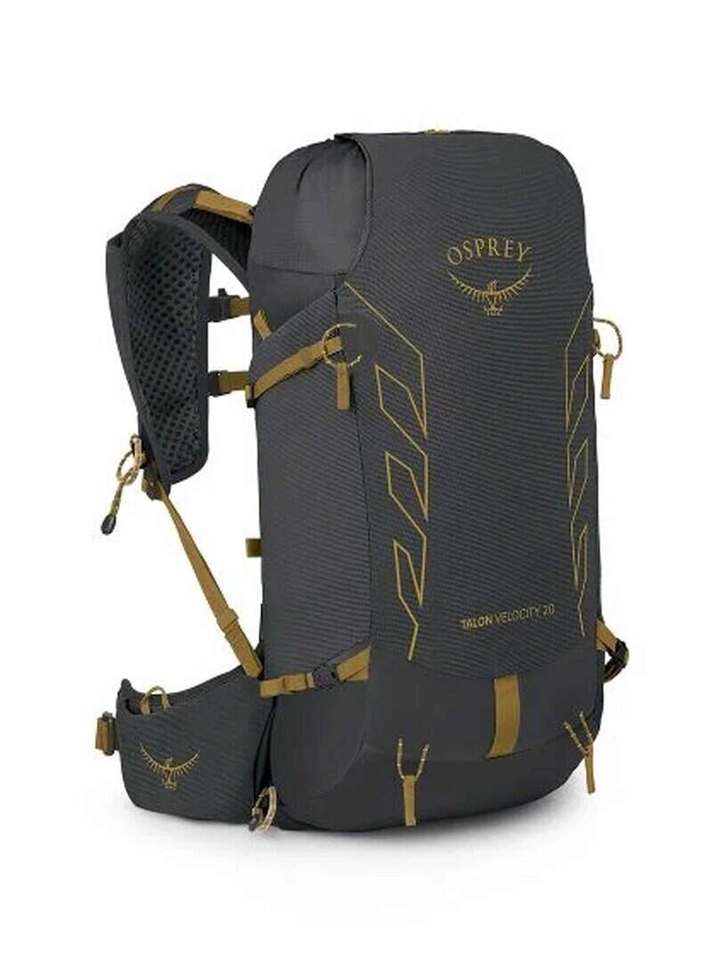 Тъмносива раница Osprey Talon Velox 20L с жълти детайли за туризъм и спорт.