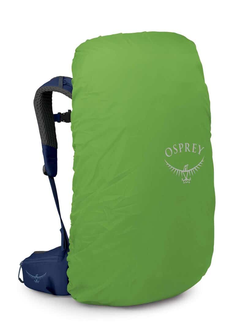 Раница за къмпинг Osprey в ярко зелено, подходяща за приключения и пътувания на открито.