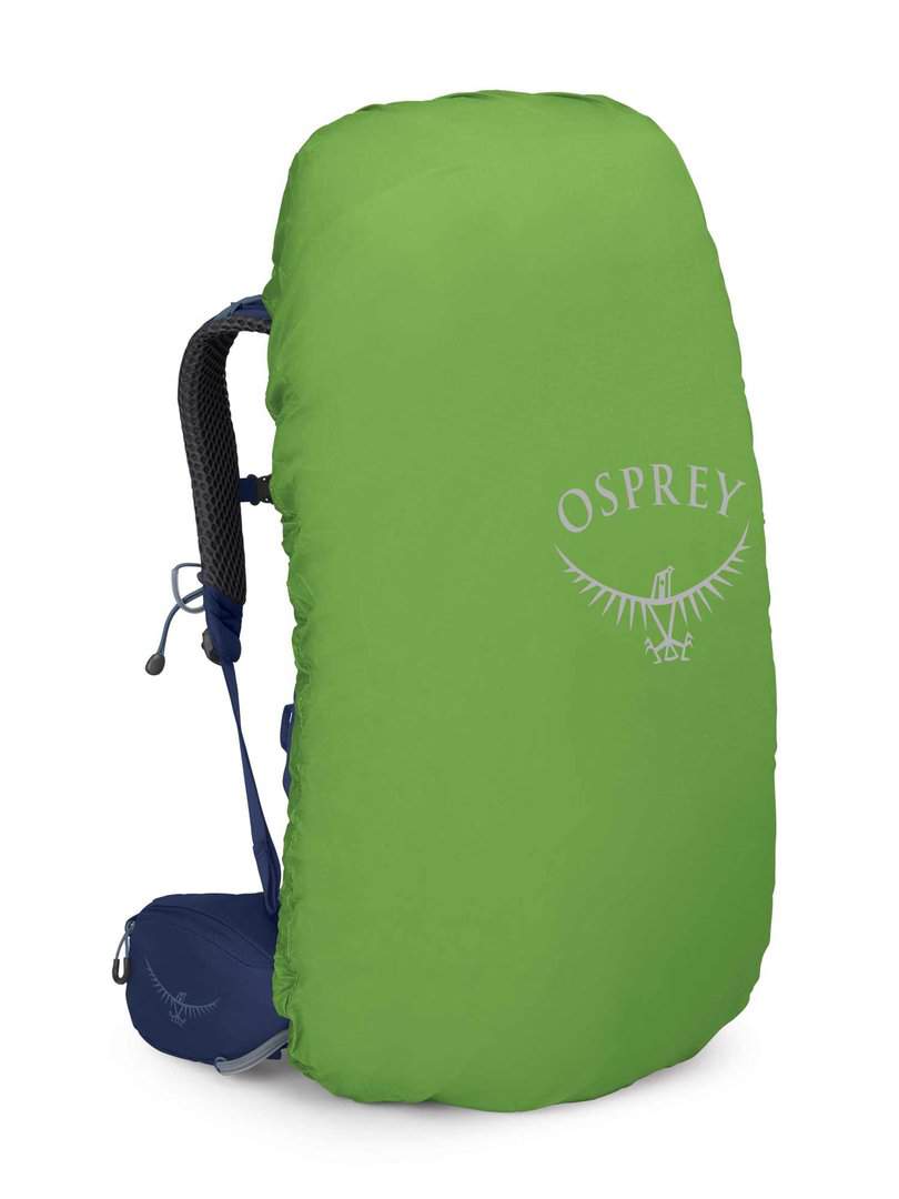 Раница за къмпинг Osprey в ярко зелено, подходяща за приключения и пътувания на открито.