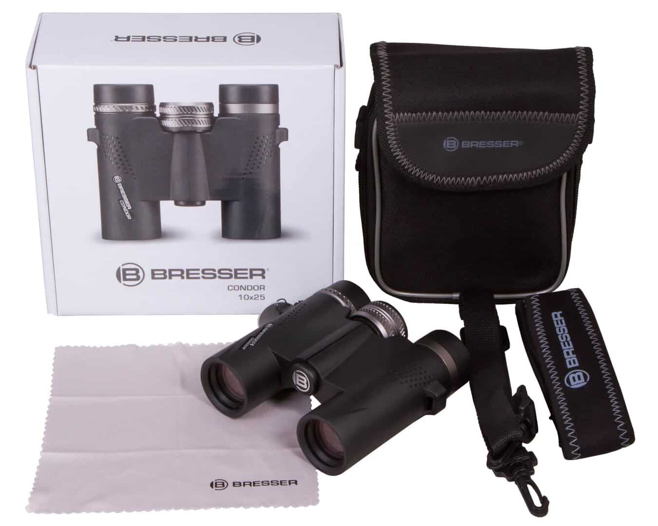 Бинокъл Bresser Condor 10x25 с калъф за пренасяне и почистваща кърпа за ясно виждане.