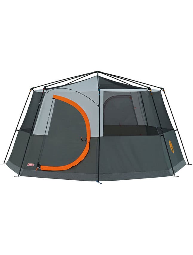 Тент за къмпинг с мрежа и оранжеви акценти, подходящ за outdoor активности.