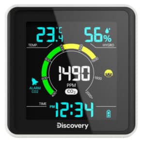 Уред за измерване на CO2, температура и влажност с дигитален дисплей.