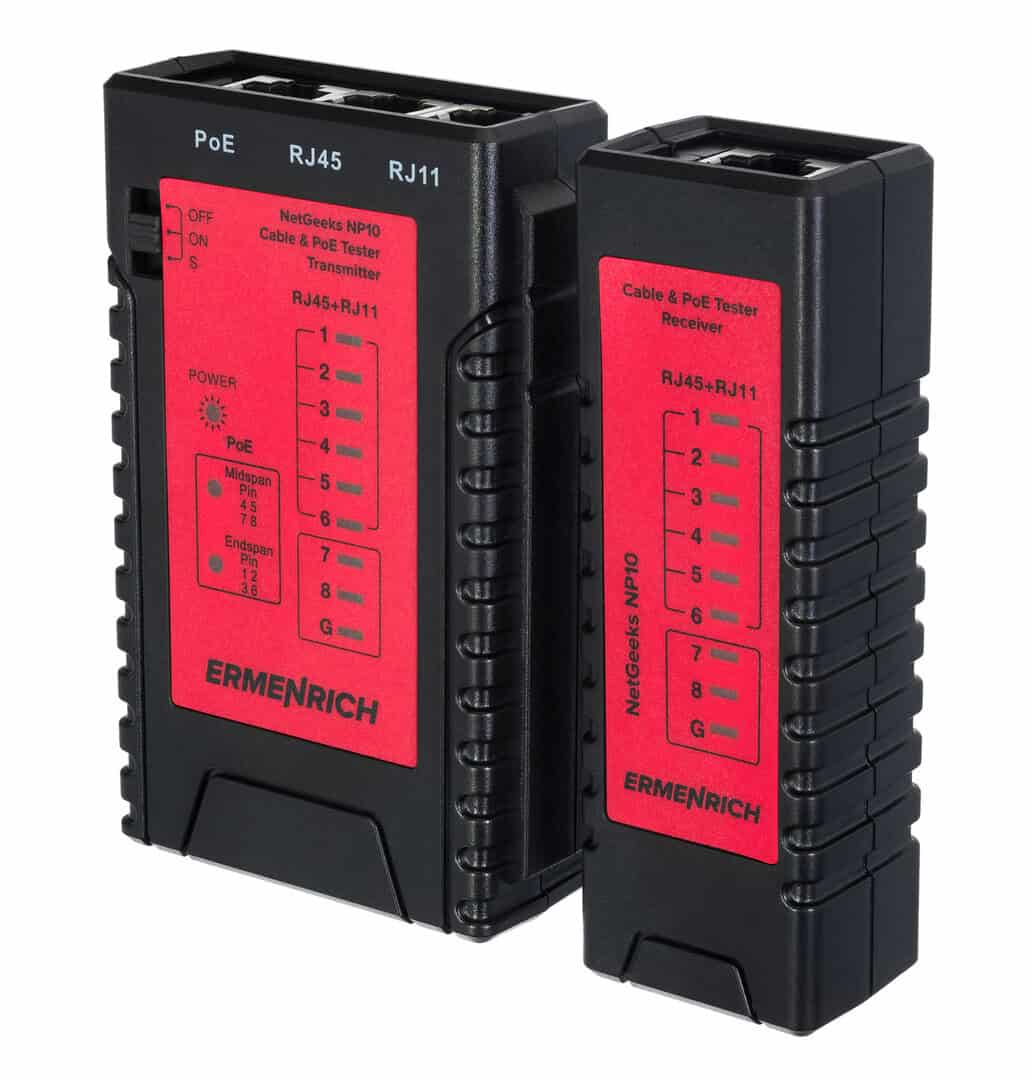Тестер за кабели и PoE мрежи, RJ45 и RJ11, Ermenrich, професионално оборудване.