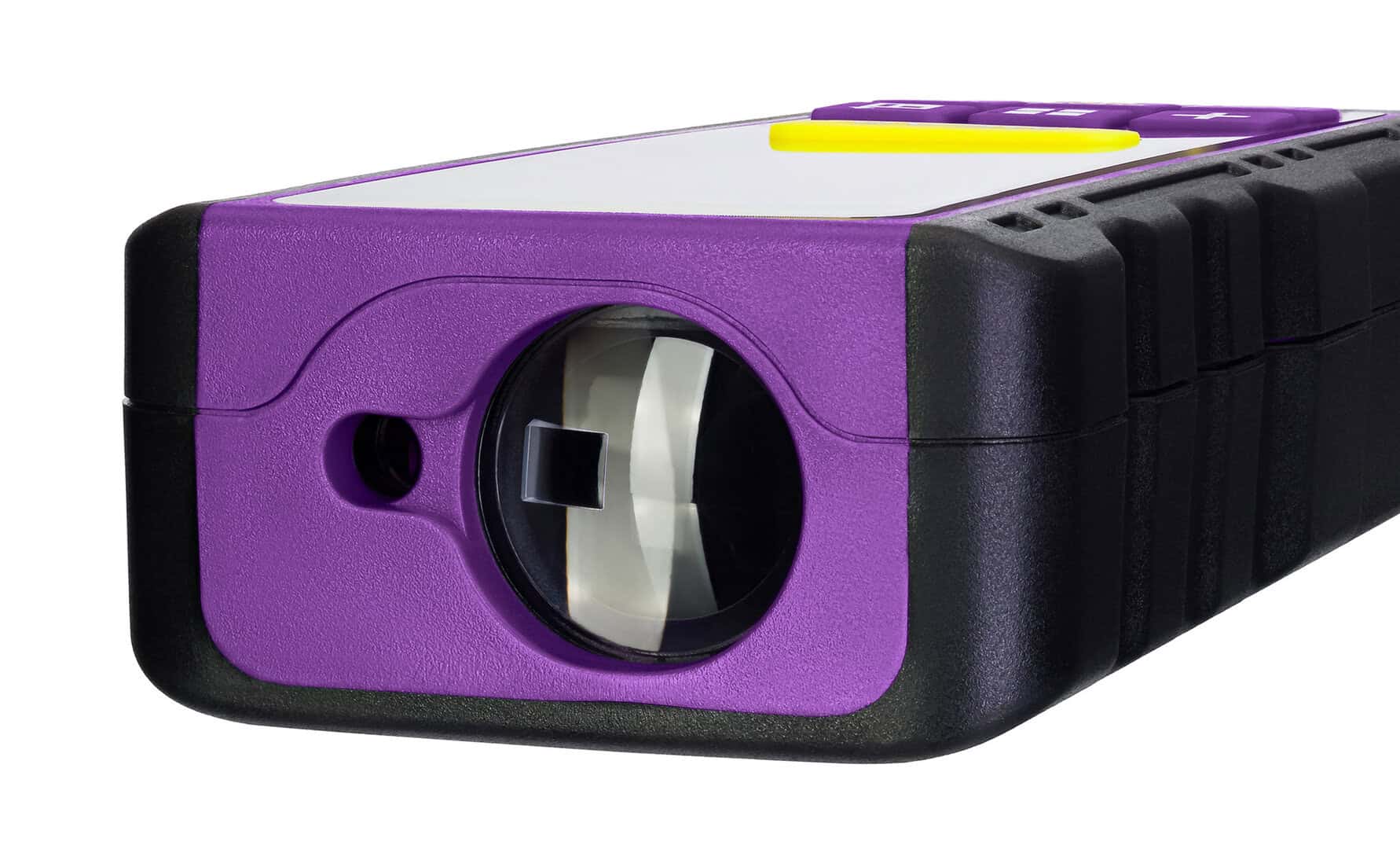 Далекомер за спорт с лазерен сензор и ярък дизайн в лилаво и жълто.
