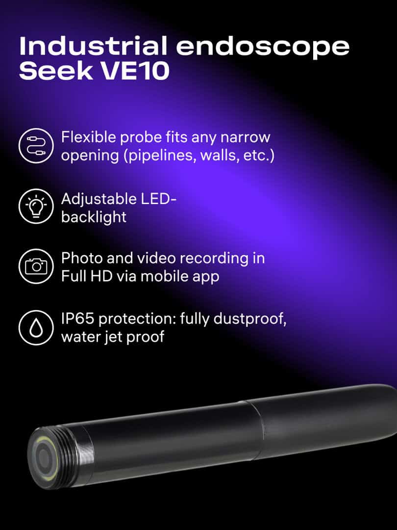 Индустриален ендоскоп Seek VE10 с гъвкава сонда и LED подсветка.