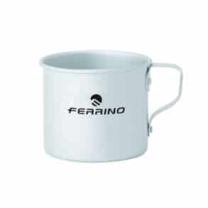 Метална чаша Ferrino за къмпинг и туризъм, бяла, с логото Ferrino.