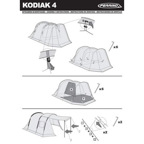 Инструкции за монтаж на кемпер Kodiak 4 от Varrio Sport, включващи стъпки за закрепване и сглобяване.
