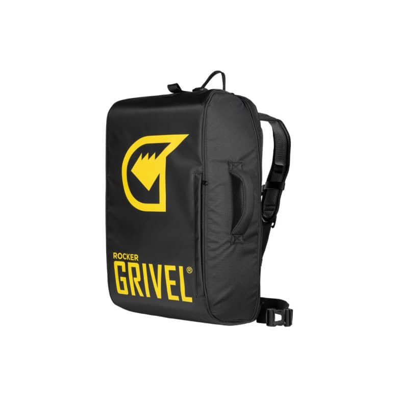 Черна раница Grivel Rocker с жълт логотип и дизайн.