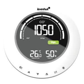 Монитор за CO2 концентрация с дисплей и показатели за влажност и температура.