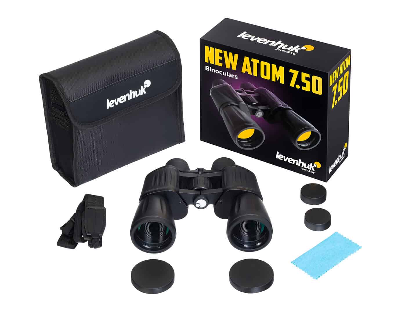 Бинокъл Levenhuk ATOM 7.50 с калъф и аксесоари за наблюдение.