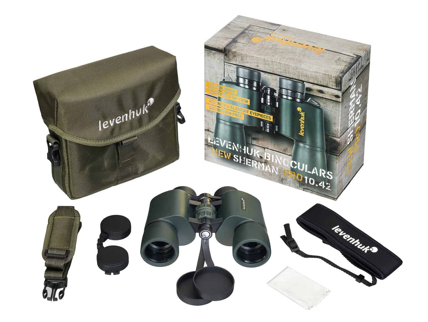 Бинокъл Levenhuk Sherman Pro 10-40x42 с калъф и аксесоари.