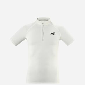 Бяла спортна тениска с цип, подходяща за тренировки и спортни дейности.