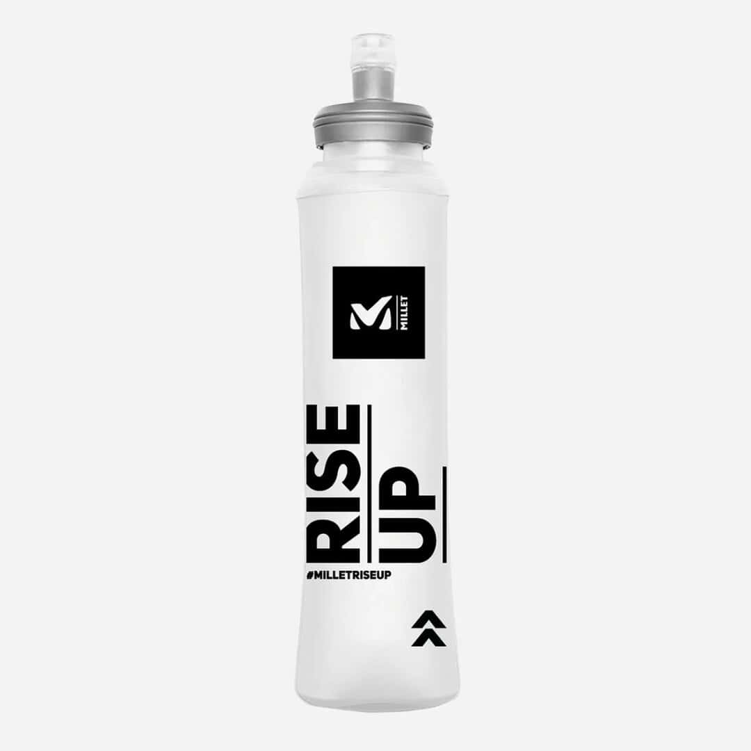 Бутилка с вода за спорт и фитнес, бяла с черен надпис "RISE UP".