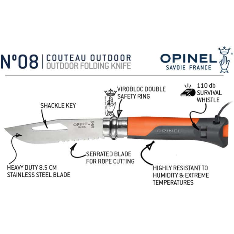 Технически характеристики на нож Opinel N°08 за къмпинг и оцеляване.