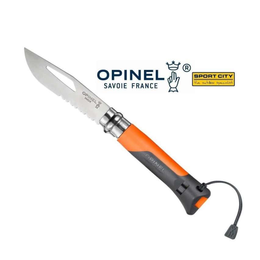 Нож за къмпинг с оранжев и черен дръжка, подходящ за туризъм и outdoor активности.