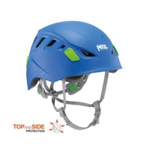 Син шлем за катерене Petzl с защита за глава и комфорт.