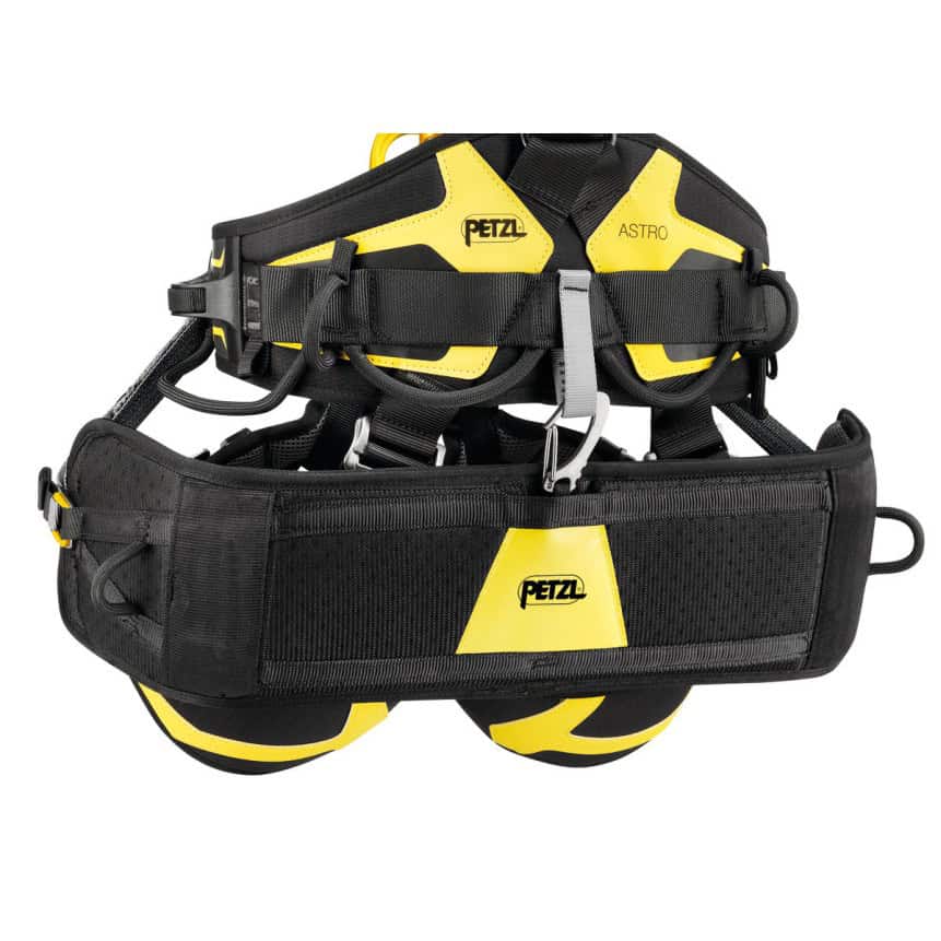 Професионален катерачен пояс Petzl Astro с черен и жълт дизайн.