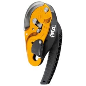 Връзка за катерене Petzl с черно и жълто дизайн, здрав и надежден инструмент.