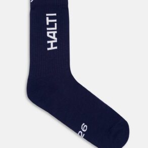 Тъмносини чорапи Halti 1976 с бяло лого и дизайн.