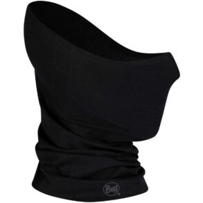 Маска за лице Buff в черен цвят, подходяща за спорт и outdoor активности, осигурява защита и комфорт.
