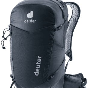 Черна раница Deuter за спорт и туризъм с много отделения.
