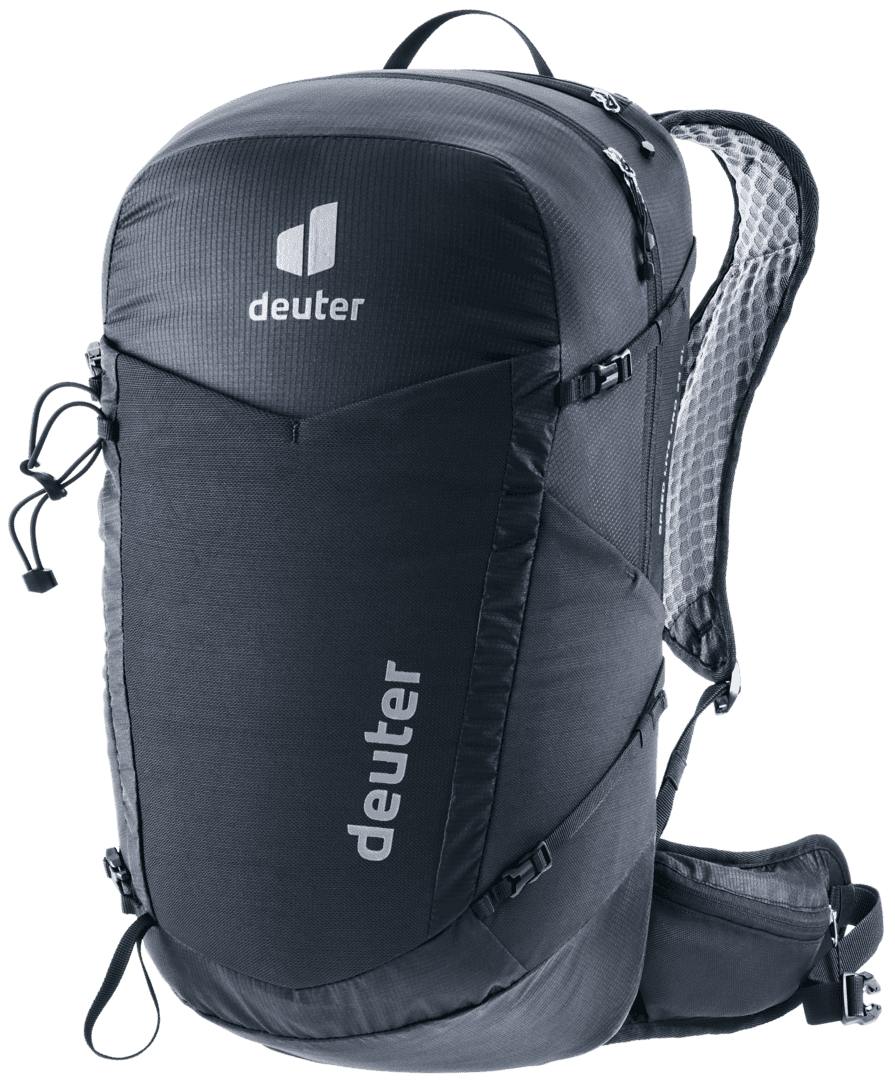 Черна раница Deuter за спорт и туризъм с много отделения.
