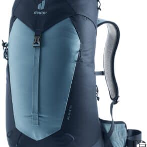 Влагоустойчив раница Deuter за пътуване и туризъм, с комфортна облегалка и много отделения.