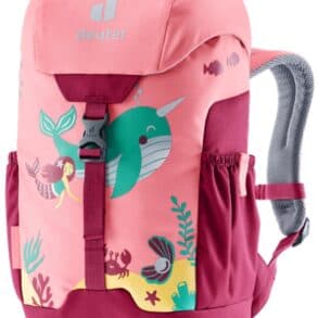 Детска раница Deuter с морски мотиви, розова и синя, за деца, с удобни презрамки и голям джоб.