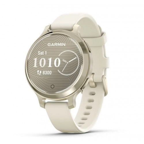 Спортен смарт часовник Garmin с бял дизайн, подходящ за фитнес, бягане и спортни активности. Висока.