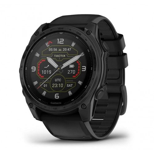 Черен Garmin тактически смарт часовник с цветен дисплей и множество функции.