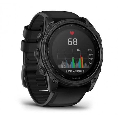 Черен Garmin спортен смартчасовник с монитор за сърдечен ритъм.