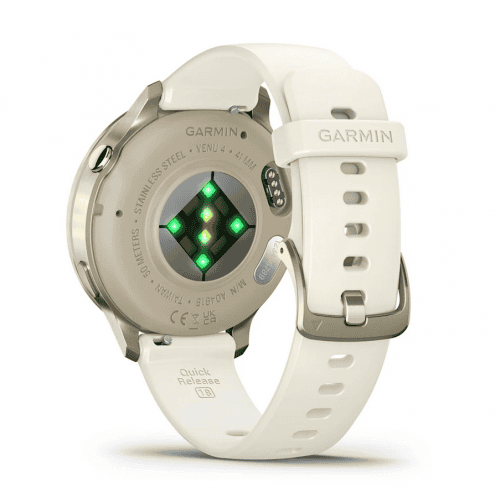 Garmin спортен смарт часовник с LED светлини и бял каишка.