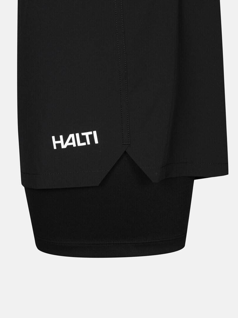 Черна спортна екипировка HALTI с бял логотип за активен начин на живот.