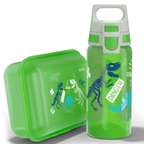 Зелена детска бутилка и кутия SIGG с динозаври и надпис "Danger".