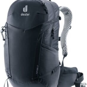 Тъмносив туристически раница Deuter за пътуване и спорт.