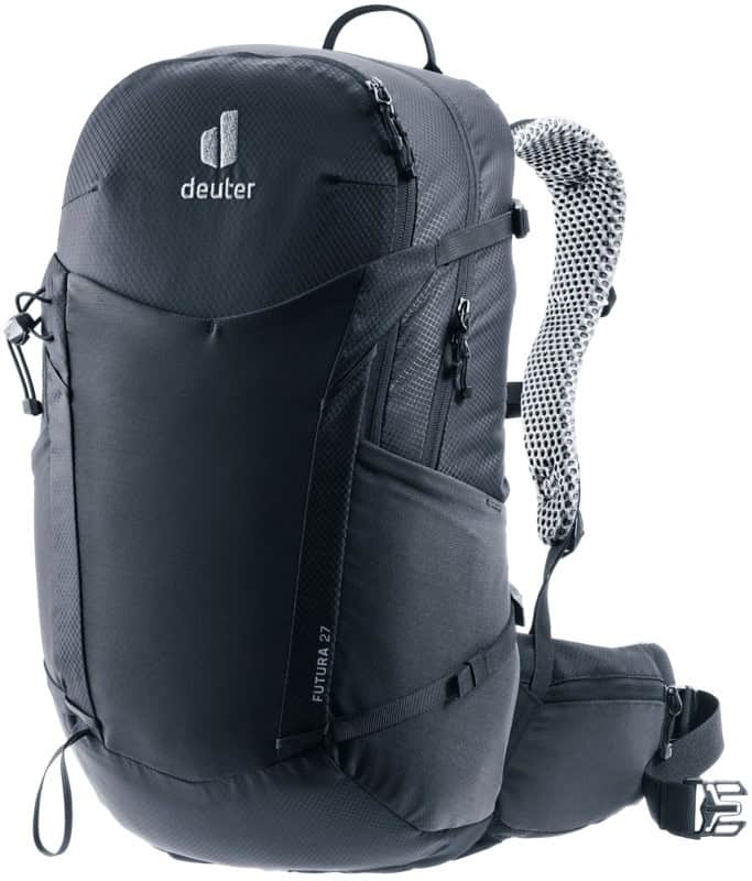 Тъмносив туристически раница Deuter за пътуване и спорт.