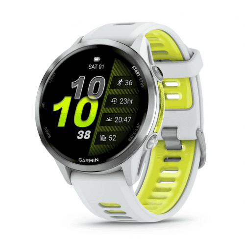 Спортен смарт часовник Garmin с бял и жълт дизайн за фитнес и тренировки.