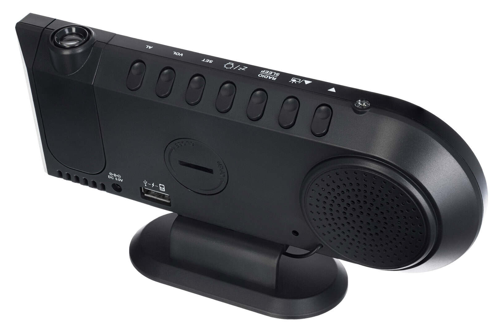 Малък черен Bluetooth високоговорител с контролни бутони.