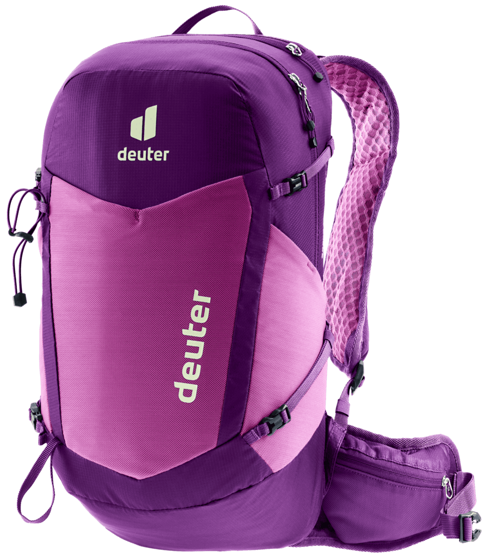 Спортна раница Deuter в тъмносин и розов цвят за активен начин на живот.