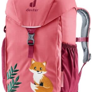 Детска раница Deuter с изображение на лисица и зелени листа.