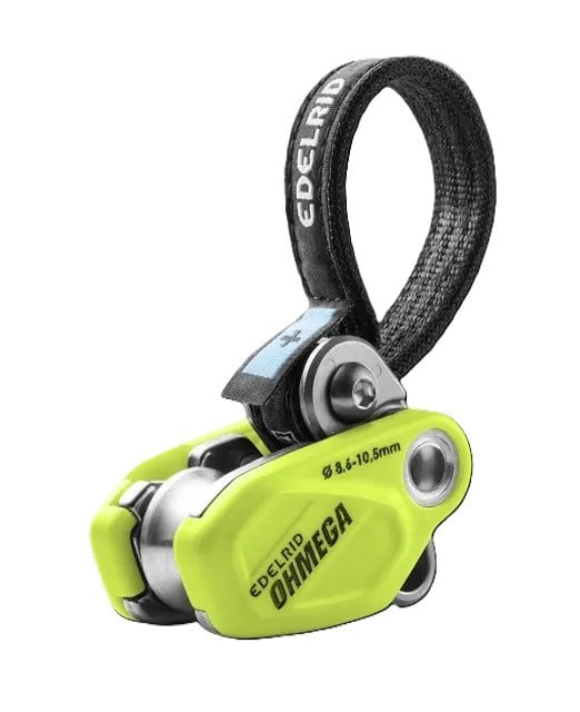 Edelrid Ohmega climbing carabiner with black strap and yellow body.