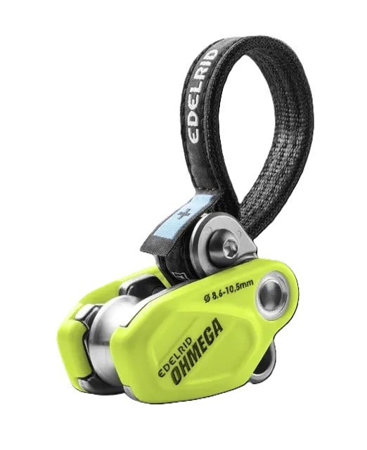 Edelrid Ohmega climbing carabiner with yellow and black design.