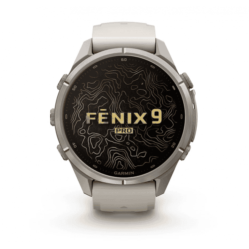 Модерен Garmin Fenix 9 Pro смартчасовник с топографски дизайн.
