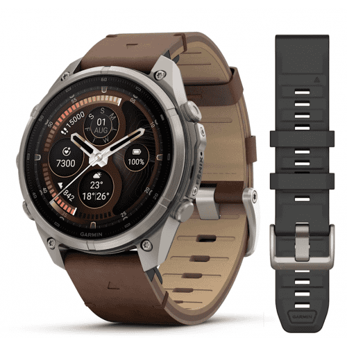 Модерен Garmin Smartwatch с кафява и черна каишка, спортен дизайн и функции за фитнес и здраве.